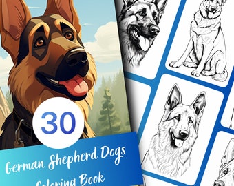Dog Coloring Pages for Adults, German Shepherd Grayscale Coloring Book, 30 Pages, Printable PDF