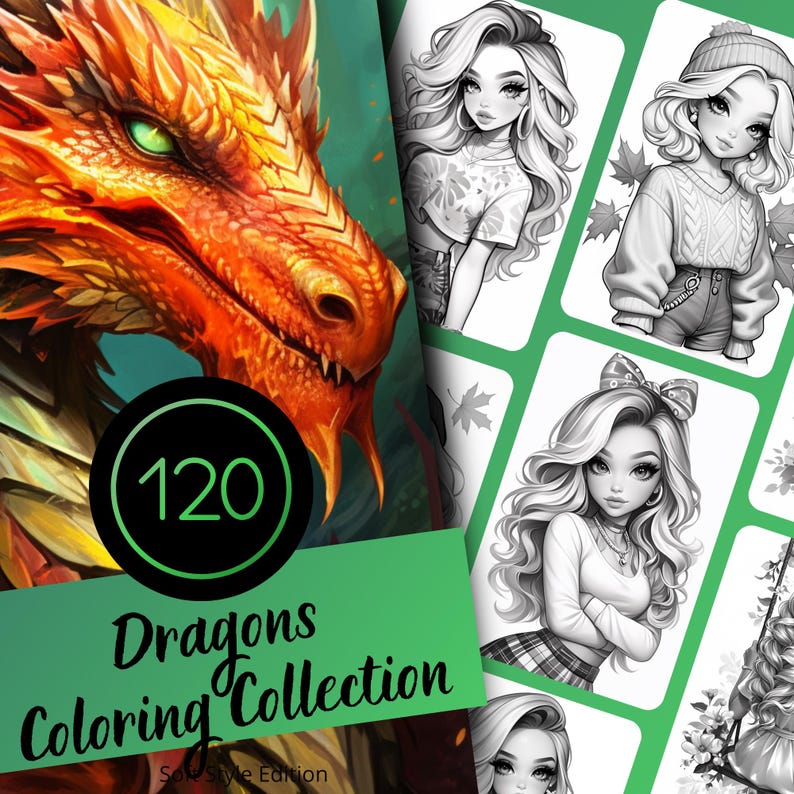 Puede incluir: Portada de un libro para colorear con una cabeza de drag&oacute;n naranja y roja con ojos verdes. La portada muestra el texto "120 Dragons Coloring Collection" y varias ilustraciones en escala de grises de mujeres estilizadas.
