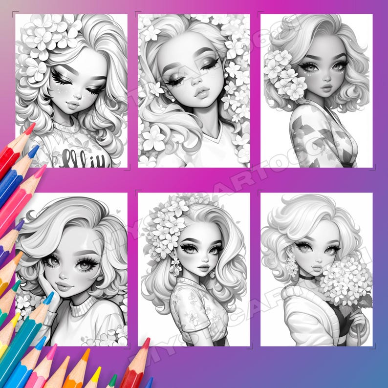 Hydrangea Girl Grayscale Coloring Book – 30 Page Printable (PDF) - Etsy