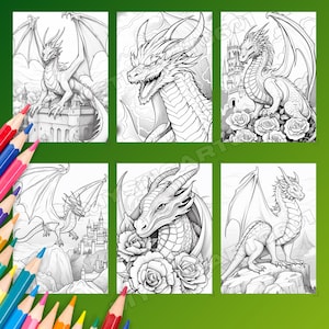 This grayscale Dragon Coloring Book features 30 detailed pages for kids and adults to enjoy. Delivered as an instantly downloadable printable coloring PDF, it is ideal for fantasy coloring lovers, especially fans of House of the Dragon and Dungeons and Dragons. Perfect for adults dragon fans and kids dragon pages alike, it includes dragon art, DND coloring themes, fantasy dragon art, mythical creatures, and offers a relaxing detailed coloring experience. This dragon coloring PDF.