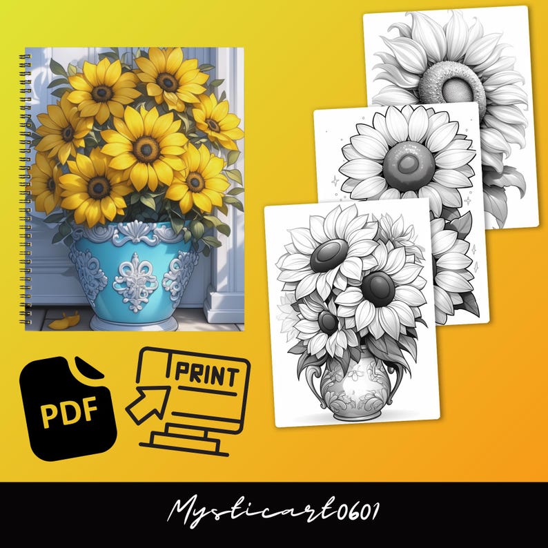 Sunflower Coloring Book for Adults and Teens, 30 Grayscale Coloring ...