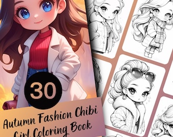 Fall Coloring Pages for Adults, Chibi Girl Autumn Coloring Book, 30 Grayscale Pages, Printable PDF