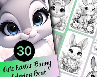 Easter Bunny Coloring Book for Adults and Teens, 30 Grayscale Coloring Pages, Printable PDF Instant Download