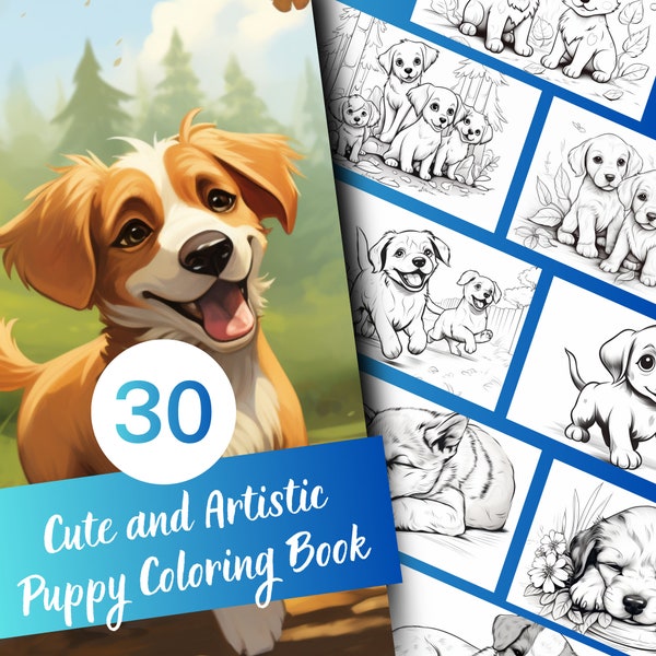 Niedliches künstlerisches Malbuch, 30 Seiten entzückende Welpen, die darauf warten, gefärbt zu werden, für Kinder & Erwachsene, Sofort-Download, druckbare PDF-Datei