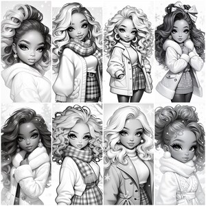 May include: A digital coloring page featuring eight different illustrations of girls with long, curly hair wearing winter clothing. Each girl is wearing a different outfit, including a plaid skirt, a sweater, a scarf, and a hat. The illustrations are in black and white.