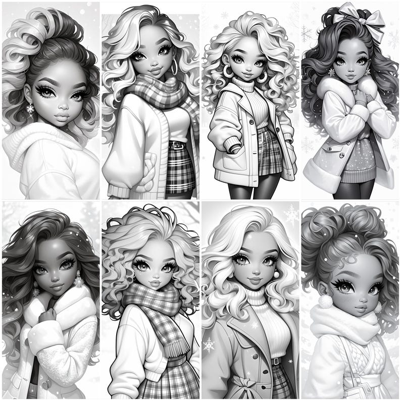 May include: A digital coloring page featuring eight different illustrations of girls with long, curly hair wearing winter clothing. Each girl is wearing a different outfit, including a plaid skirt, a sweater, a scarf, and a hat. The illustrations are in black and white.