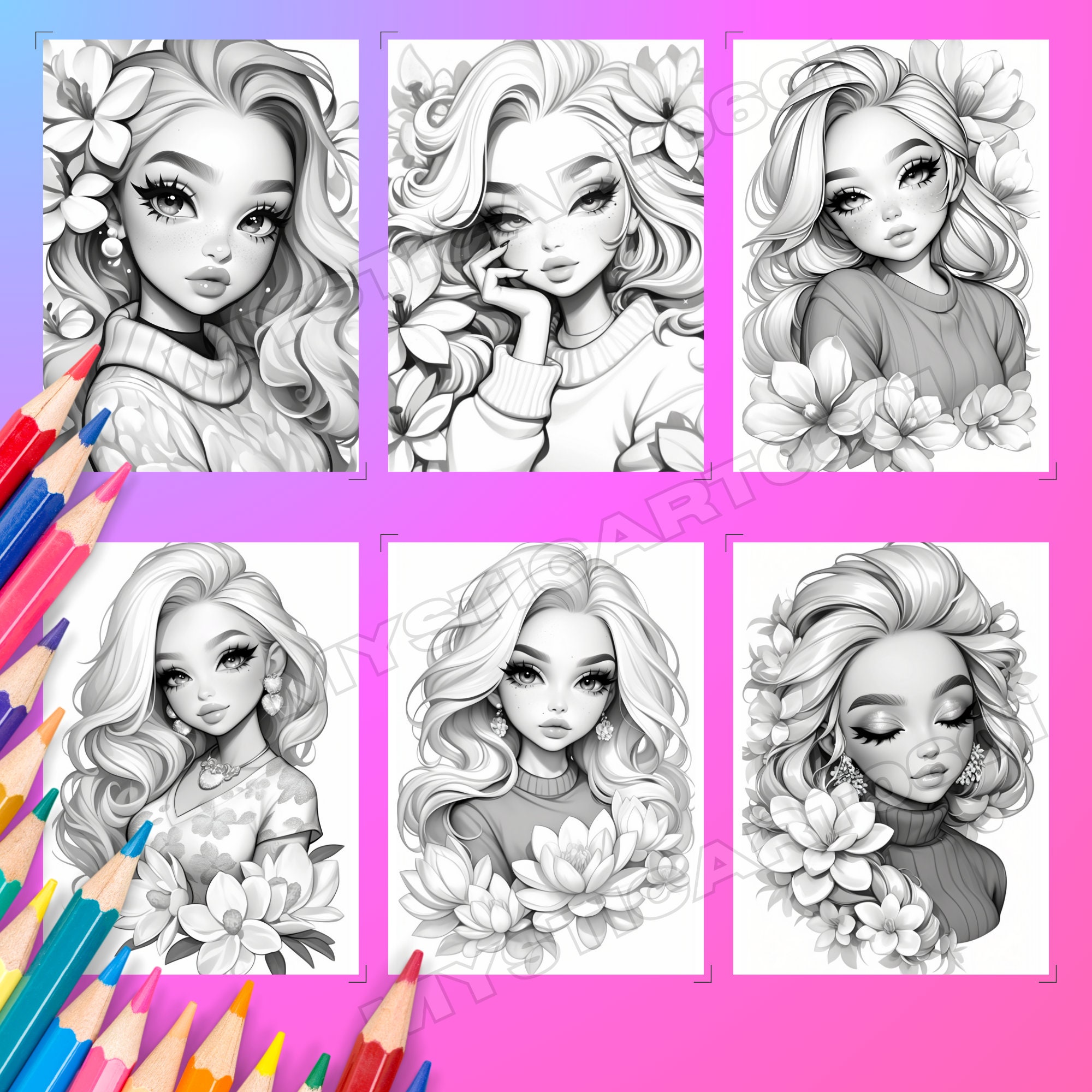 Magnolia Flower Girl Coloring Book – 60 Page Grayscale Art (printable ...