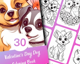 Valentine's Day Dog Coloring Book for Adults and Teens, 30 Grayscale Coloring Pages, Printable PDF Instant Download