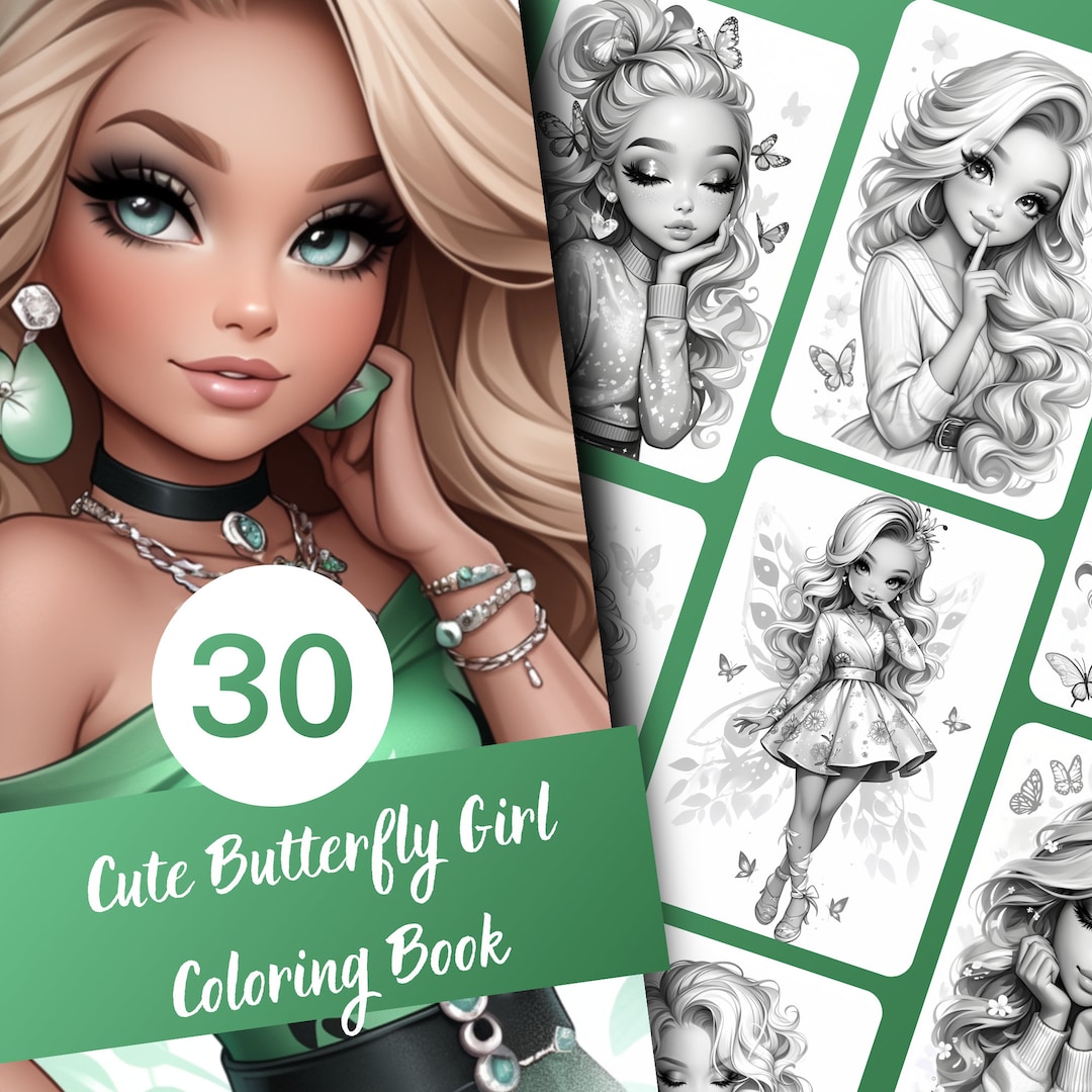 Butterfly Girl Coloring Book for Adults and Teens, 30 Grayscale ...