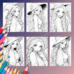 Coloring book, Adult coloring, Girl coloring, Cute coloring, Witch coloring, Grayscale book, Magical girl, Cute Halloween, Witch art, Printable book, Halloween witch, Cozy coloring, Kawaii coloring