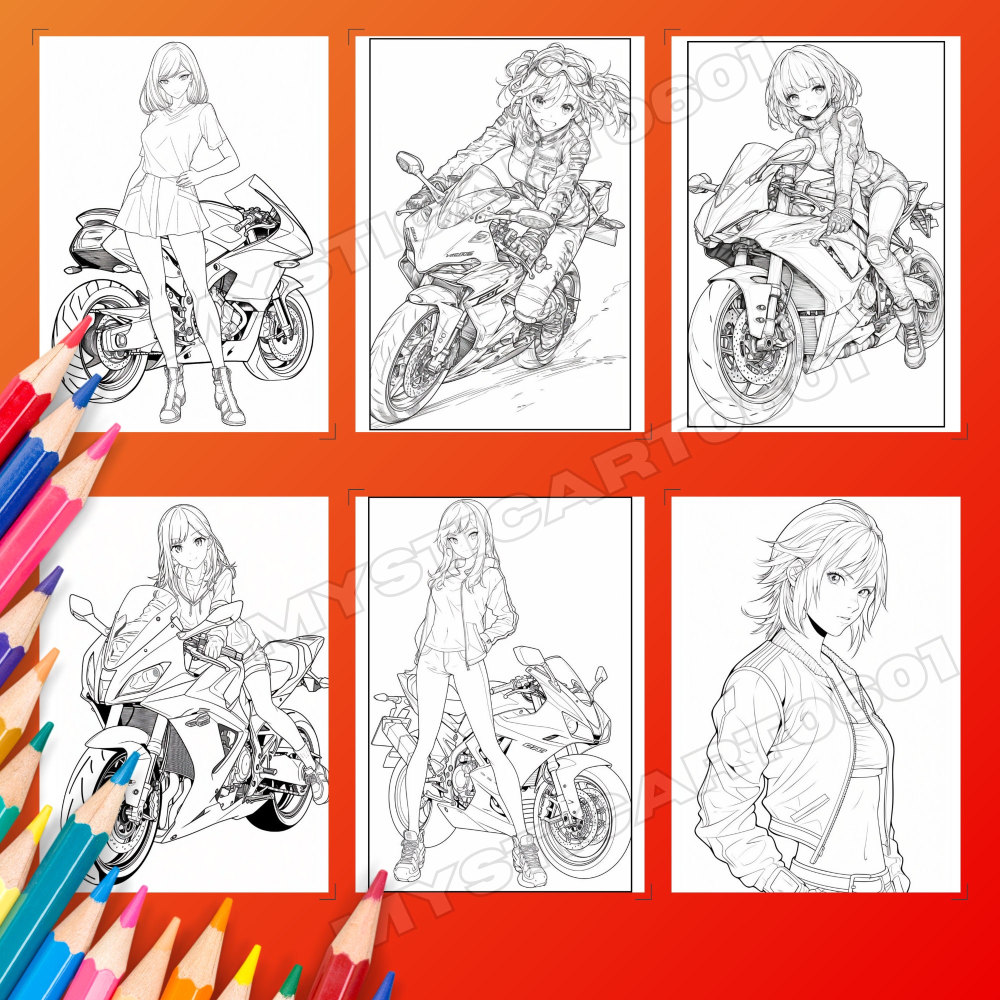 Anime Motorcycle Racing Girl Coloring Book, 30 Pages Featuring Anime ...