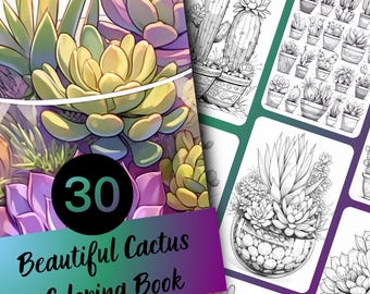 Livro de colorir para adultos com desenhos de cactos e suculentas, 30 páginas em tons de cinza para adolescentes, PDF para impressão e download instantâneo.