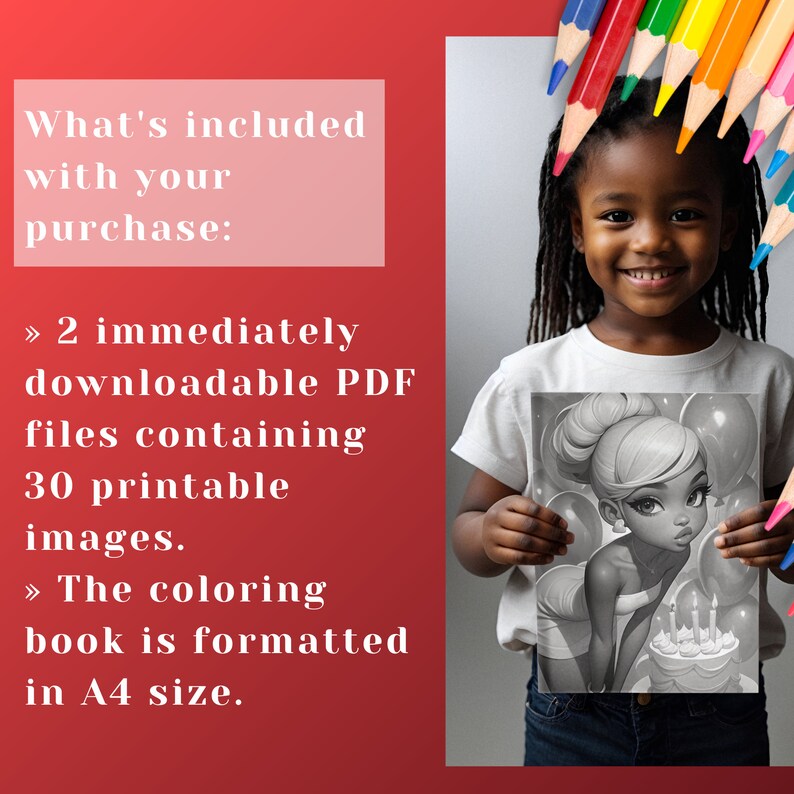 Cute Girl's Birthday Coloring Book - 30 Page Grayscale Coloring Book for Kids and Adults, Instant Download, Printable PDF