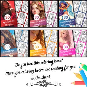 Puede incluir: Un collage de 10 portadas de libros para colorear diferentes que presentan ilustraciones de chicas, animales y escenas de fantas&iacute;a. Cada portada tiene el n&uacute;mero 30 y un t&iacute;tulo que describe el tema del libro para colorear. El texto "&iquest;Te gusta este libro para colorear? &iexcl;M&aacute;s libros para colorear para chicas te esperan en la tienda!" est&aacute; en la parte inferior del collage.