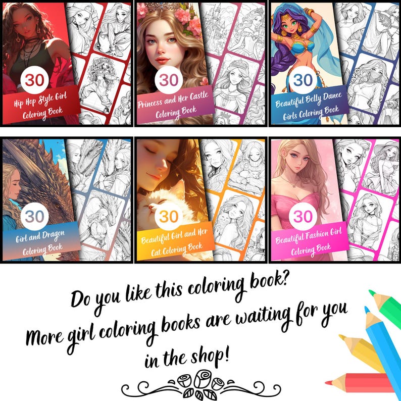 Puede incluir: Un collage de 10 portadas de libros para colorear diferentes que presentan ilustraciones de chicas, animales y escenas de fantas&iacute;a. Cada portada tiene el n&uacute;mero 30 y un t&iacute;tulo que describe el tema del libro para colorear. El texto "&iquest;Te gusta este libro para colorear? &iexcl;M&aacute;s libros para colorear para chicas te esperan en la tienda!" est&aacute; en la parte inferior del collage.