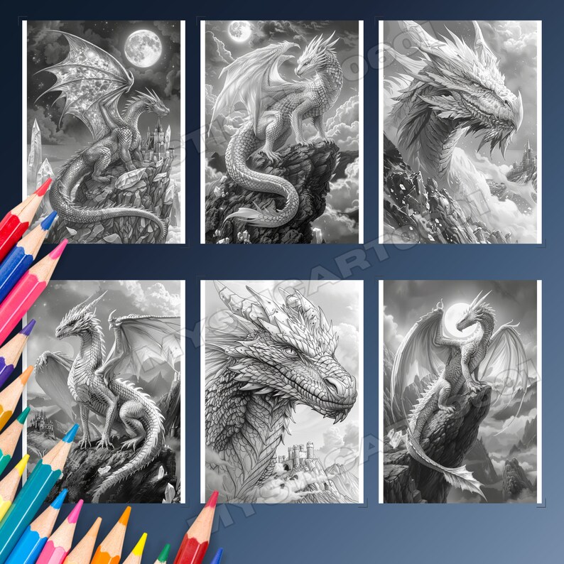 Dragon in the Moonlight Coloring Book - 30 Page Grayscale Coloring Book for Kids and Adults, Instant Download, Printable PDF