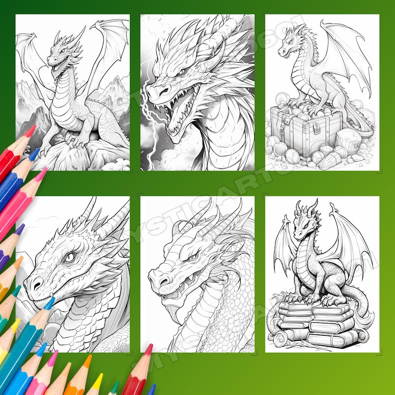 This grayscale Dragon Coloring Book features 30 detailed pages for kids and adults to enjoy. Delivered as an instantly downloadable printable coloring PDF, it is ideal for fantasy coloring lovers, especially fans of House of the Dragon and Dungeons and Dragons. Perfect for adults dragon fans and kids dragon pages alike, it includes dragon art, DND coloring themes, fantasy dragon art, mythical creatures, and offers a relaxing detailed coloring experience. This dragon coloring PDF.