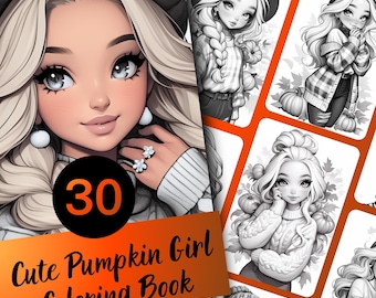 Pumpkin Girl Coloring Book for Adults and Teens, 30 Grayscale Coloring Pages, Printable PDF Instant Download