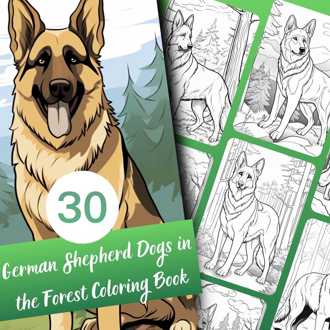 German Shepherd Dogs in the Forest Coloring Book, 30 Pages