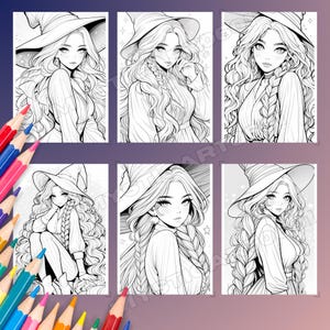 Coloring book, Adult coloring, Girl coloring, Cute coloring, Witch coloring, Grayscale book, Magical girl, Cute Halloween, Witch art, Printable book, Halloween witch, Cozy coloring, Kawaii coloring