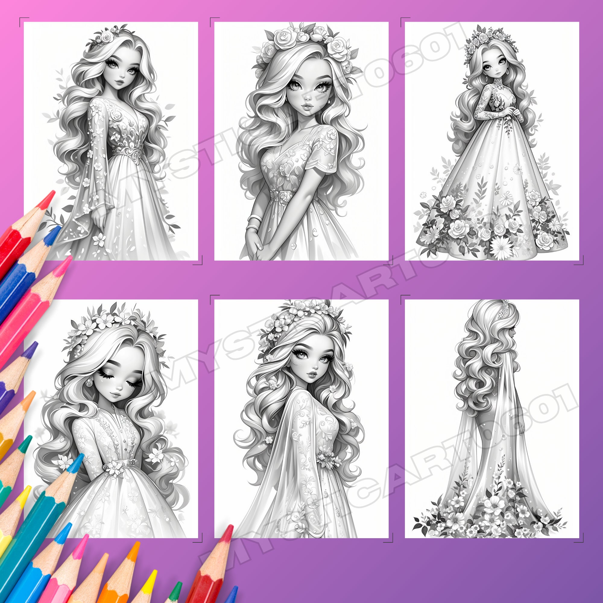 Flower Princess Coloring Book – 30 Page Grayscale Art (printable PDF ...