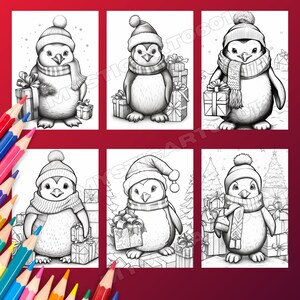 May include: Six black and white illustrations of penguins wearing winter hats and scarves, holding gifts. The penguins are surrounded by presents and some are standing in front of Christmas trees.