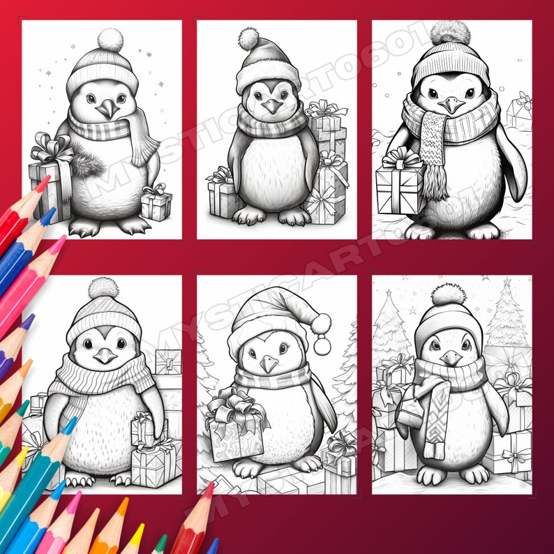 May include: Six black and white illustrations of penguins wearing winter hats and scarves, holding gifts. The penguins are surrounded by presents and some are standing in front of Christmas trees.
