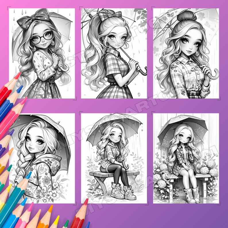 Cute Girl in Spring Rain Coloring Book, Cute Girl in Spring Rain Grayscale Coloring Book for Kids and Adults, Printable PDF