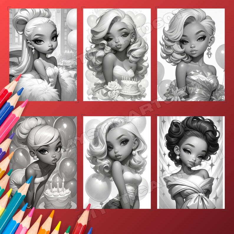 Cute Girl's Birthday Coloring Book - 30 Page Grayscale Coloring Book for Kids and Adults, Instant Download, Printable PDF