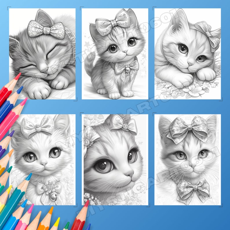 Cute Cat with Bow Coloring Book - 30 Page Grayscale Coloring Book for Kids and Adults, Instant Download, Printable PDF