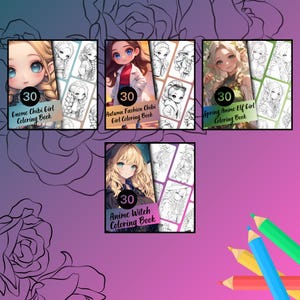 Op de afbeelding: Vier kleurboeken in anime-stijl met illustraties van meisjes. Titels zijn onder meer "Gnome Chibi Girl Coloring Book", "Autumn Fashion Chibi Girl Coloring Book", "Spring Anime Elf Girl Coloring Book" en "Anime Witch Coloring Book". Elk boek toont het nummer "30".