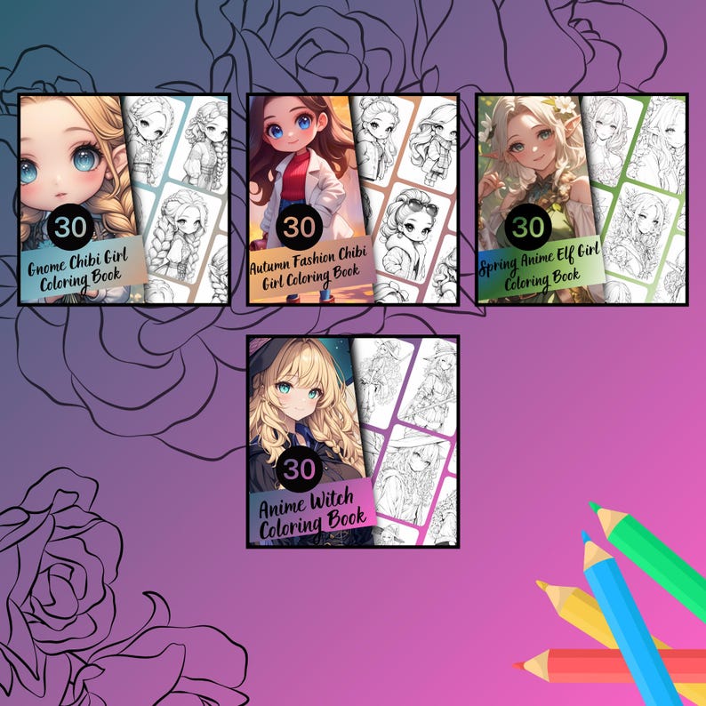 Op de afbeelding: Vier kleurboeken in anime-stijl met illustraties van meisjes. Titels zijn onder meer "Gnome Chibi Girl Coloring Book", "Autumn Fashion Chibi Girl Coloring Book", "Spring Anime Elf Girl Coloring Book" en "Anime Witch Coloring Book". Elk boek toont het nummer "30".