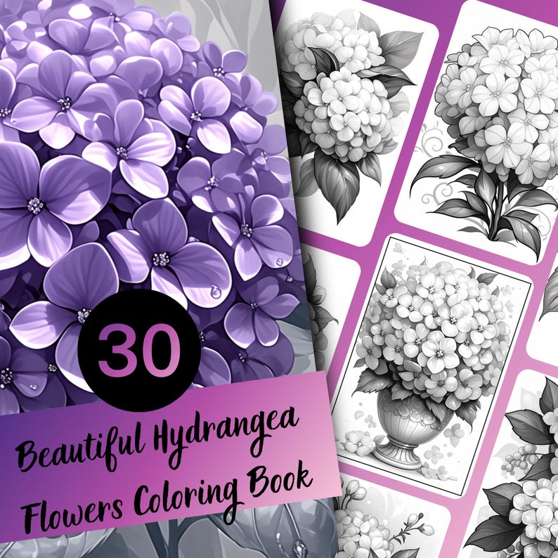 Hydrangea Flowers Coloring Book – 30 Page Grayscale Floral Art ...