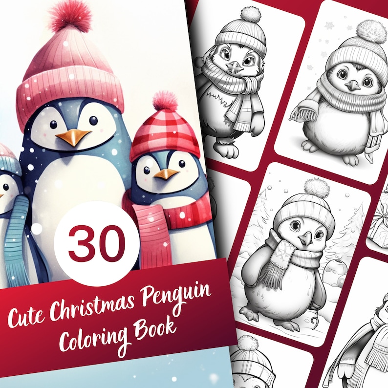 Cute Christmas Penguin Coloring Book, Coloring Featuring Adorable Penguins in Winter Attire for Kids & Adults, Printable PDF