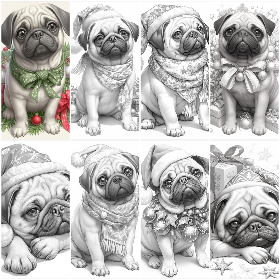 Cute Christmas Pug Dog Coloring Book - 30 Page Grayscale Coloring Book ...