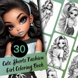 Livro de colorir Fashion Girl para adultos e adolescentes, 30 páginas para colorir em tons de cinza com looks de shorts, PDF para imprimir e baixar instantaneamente.