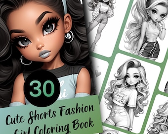 Libro para colorear de chicas a la moda: pantalones cortos, arte en escala de grises (PDF imprimible tamaño A4)
