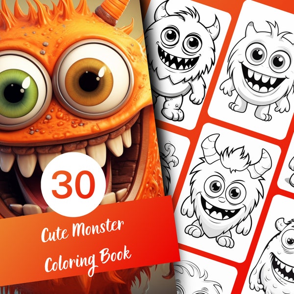 Cute Monster Coloring Book, 30 Pages of Adorable Playful Monsters Coloring Book for Kids and Adults, Instant Download, Printable PDF