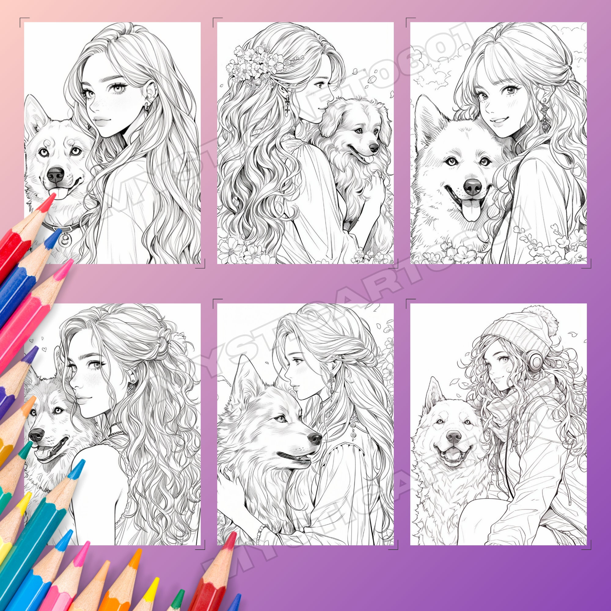 Beautiful Girl With Her Dog Coloring Book, 30 Pages Girl and Her Dog ...