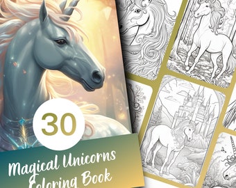 Fantasy Unicorns Coloring Book for Adults and Teens, 30 Fantasy Coloring Pages, Printable PDF Instant Download