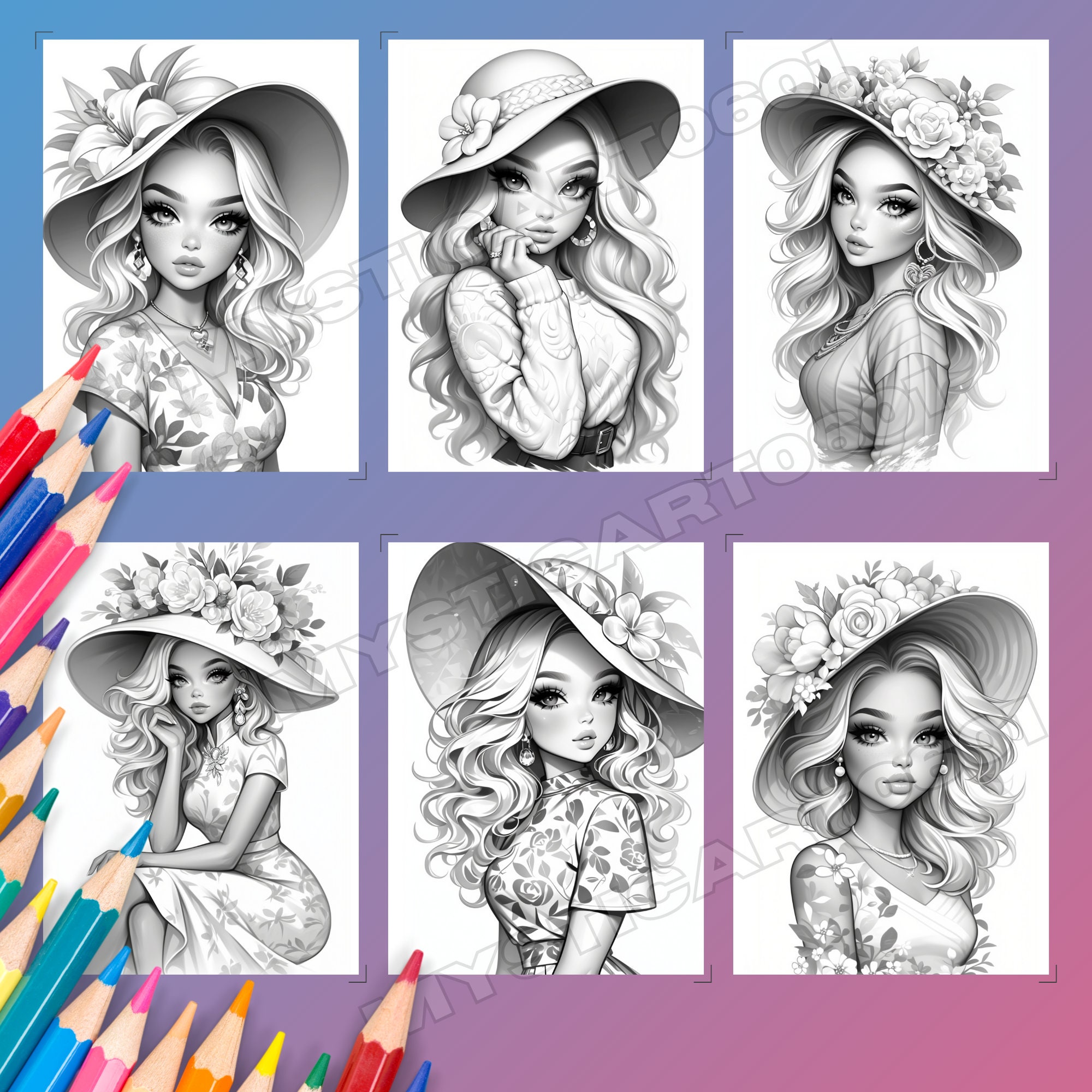 Flower Hat Girl Coloring Book – 30 Page Grayscale Art (printable PDF ...
