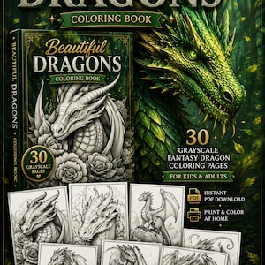 Alt text
Beautiful Dragons Coloring Book pin featuring grayscale fantasy dragon coloring pages, printable PDF download, and detailed dragon illustrations for kids and adults.