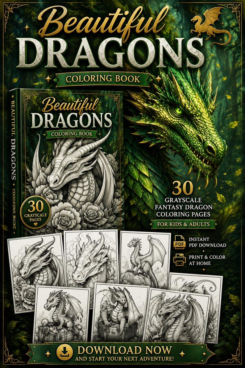 Alt text
Beautiful Dragons Coloring Book pin featuring grayscale fantasy dragon coloring pages, printable PDF download, and detailed dragon illustrations for kids and adults.