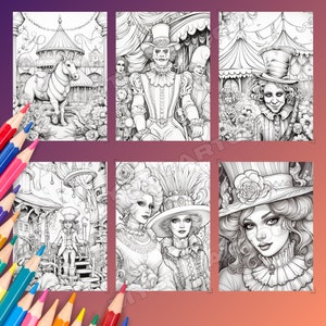 Może przedstawiać: Zestaw sześciu czarno-białych stron do kolorowania przedstawiających fantazyjne postacie i sceny. Strony zawierają konia karuzelowego, klauna, kobietę w cylindrze i kobietę z kwiatem we włosach.