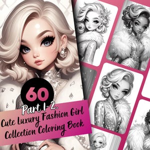 かわいい高級ファッションガールコレクションの塗り絵 - 子供と大人向けの 60 ページのグレースケール塗り絵、即時ダウンロード、印刷可能な PDF