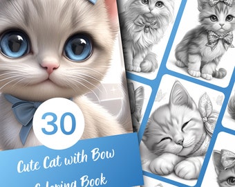 Kittens with Bows Coloring Book for Adults and Teens, 30 Grayscale Coloring Pages, Printable PDF Instant Download