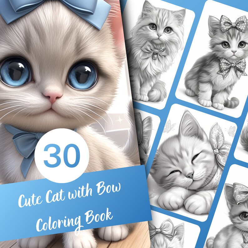 Cute Cat with Bow Coloring Book - 30 Page Grayscale Coloring Book for Kids and Adults, Instant Download, Printable PDF
