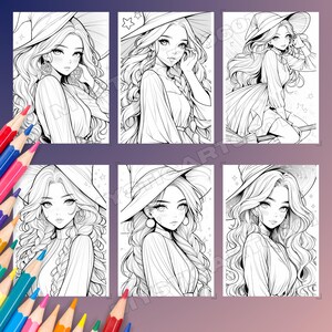 Coloring book, Adult coloring, Girl coloring, Cute coloring, Witch coloring, Grayscale book, Magical girl, Cute Halloween, Witch art, Printable book, Halloween witch, Cozy coloring, Kawaii coloring