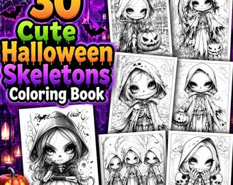 Libro da colorare per adulti e ragazzi con scheletri di Halloween, 30 pagine da colorare in scala di grigi, PDF stampabile e scaricabile immediatamente.