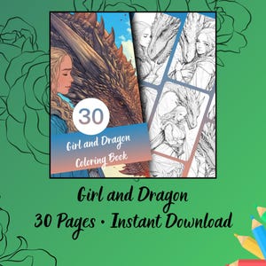 Puede incluir: Portada de un "Girl and Dragon Coloring Book" con una mujer rubia y la cabeza de un drag&oacute;n. La portada tiene un degradado azul y naranja. El libro est&aacute; etiquetado como "30 p&aacute;ginas &bull; Descarga instant&aacute;nea". El fondo es verde.